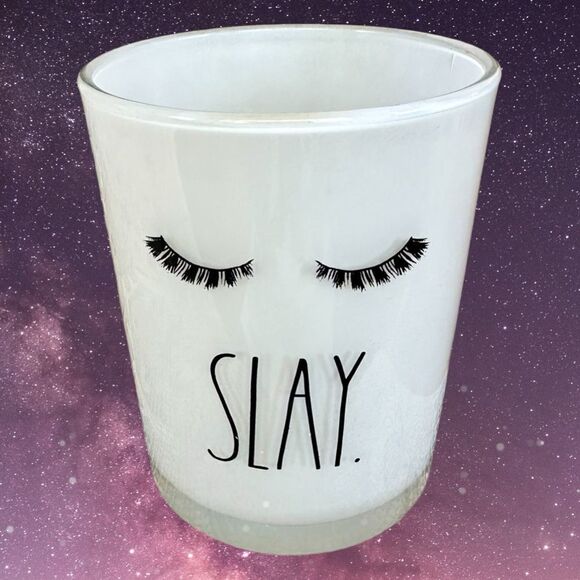 NWOT Rae Dunn SLAY Eyelashes Make-up Brush Storage Container Holder White Glass - Picture 1 of 5